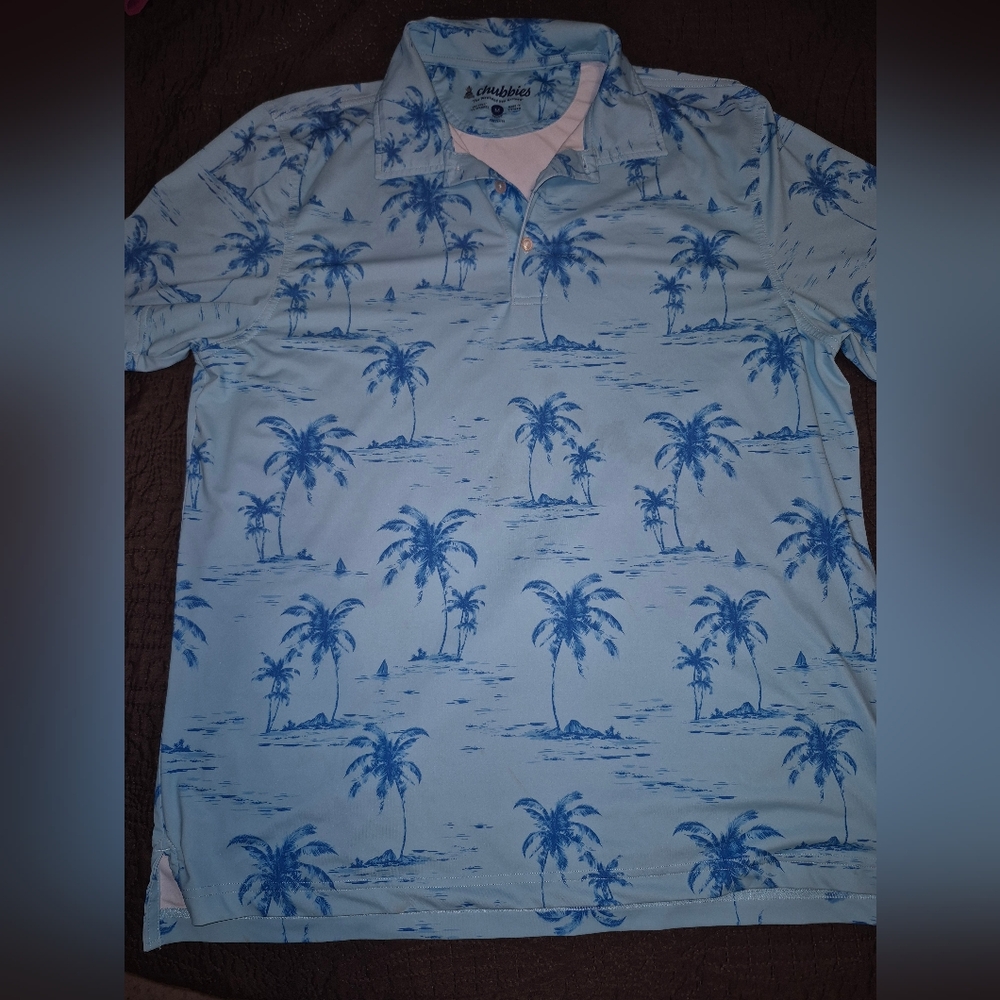 Chubbies Men's Short Sleeve Polo Shirt Blues Palm Trees Stretch